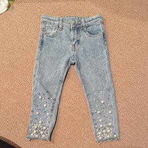 Girls Light Blue Pearl-Embellished Denim Jeans